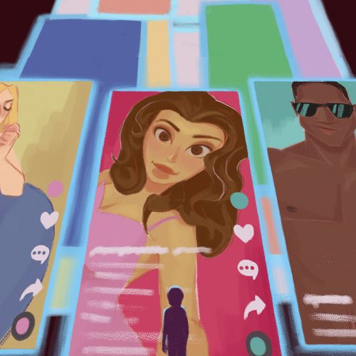 Illustration by Veronica Chen of someone in front of TikTok screens