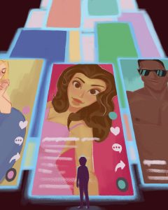 Illustration by Veronica Chen of a person confronted by large TikTok screens