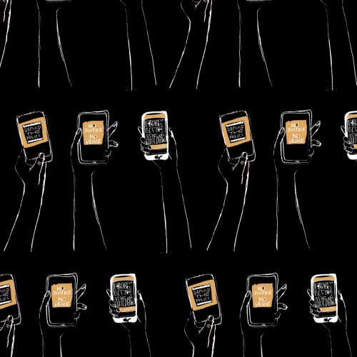 Illustration by Malini Basu of people on phones, posting on social media