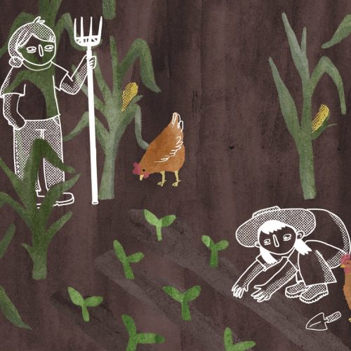 In an article about WWOOF, an illustration of two people tending to a field of crops with chickens