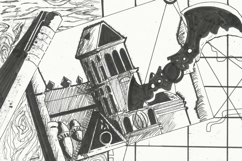 Black and white sketch of Arkham City and the Batman's Batarang.