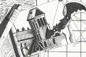Black and white sketch of Arkham City and the Batman's Batarang.