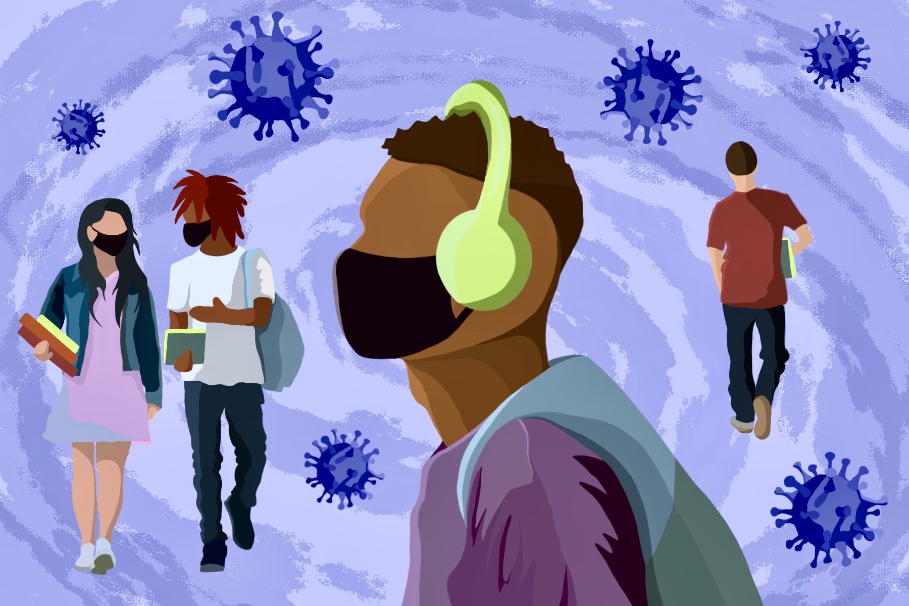 Illustration of college student wearing a mask to slow the spread of COVID-19.