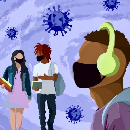 Illustration by Shelly Freund of three students with large COVID-19 viruses floating around the area