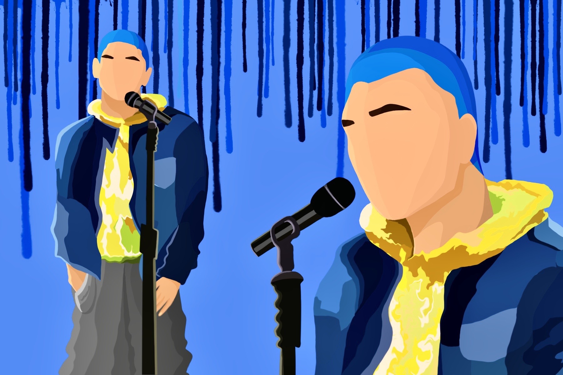 Lauv sings while using the color blue and yellow to represent the emotions of his performance.