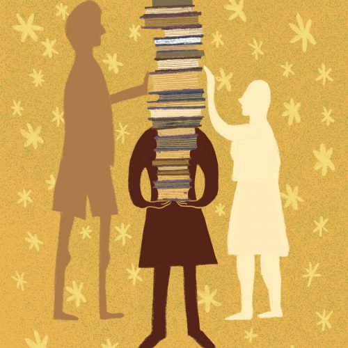 Illustration by Amy Young of a person with a large stack of books
