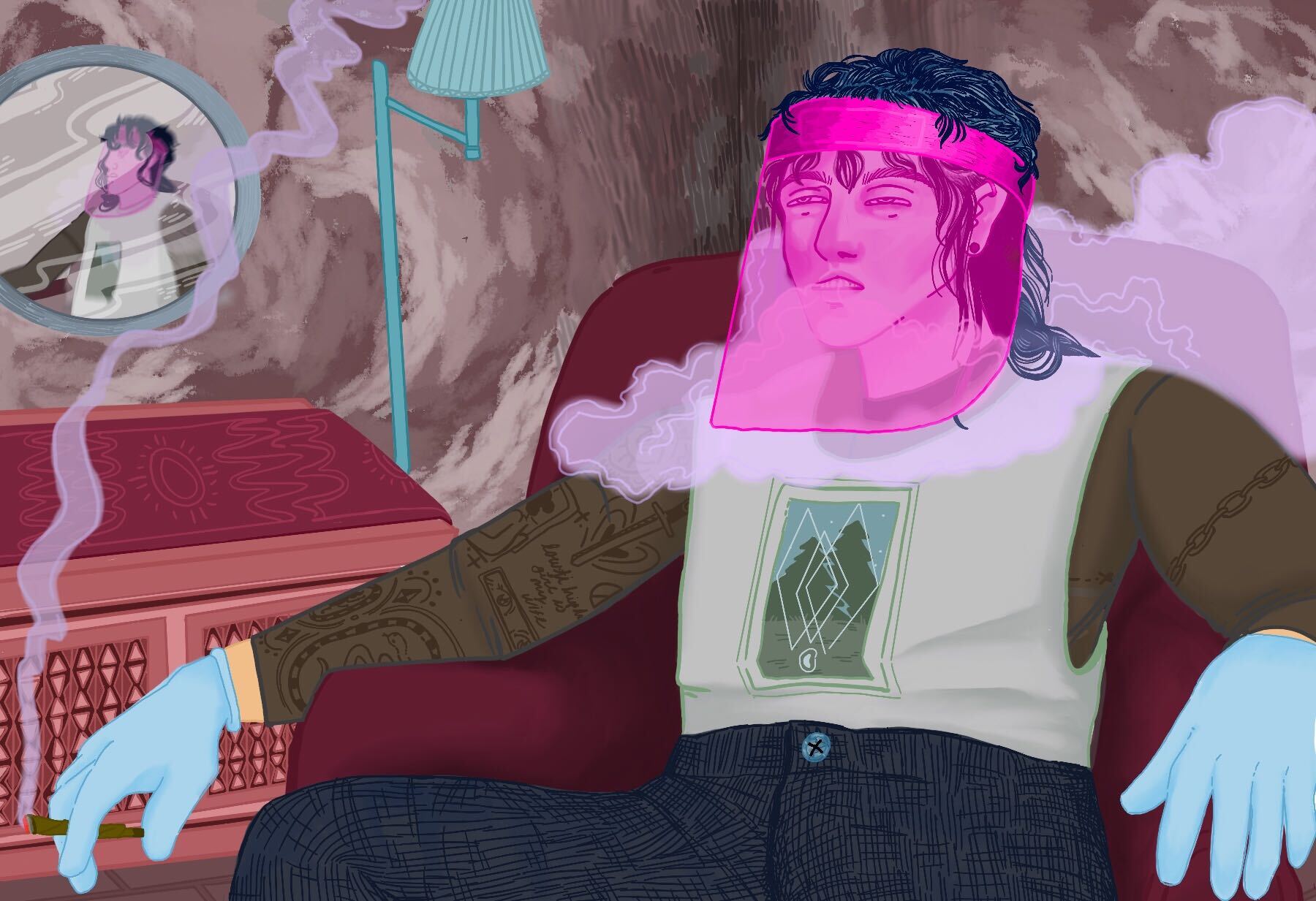 Illustration by Baz Pugmire of an individual struggling with drug abuse