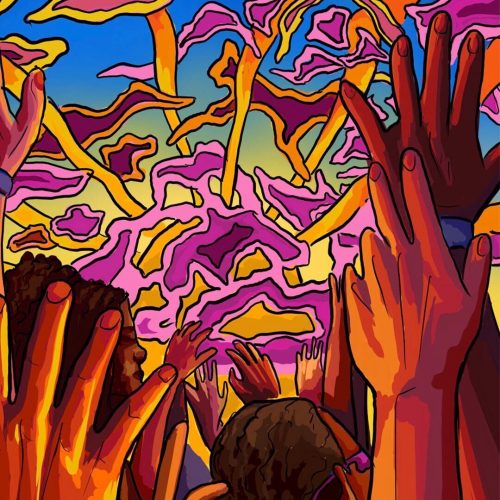 Illustration by Sydney Sabbota of hands in the sky against a sky with psychedelic sky