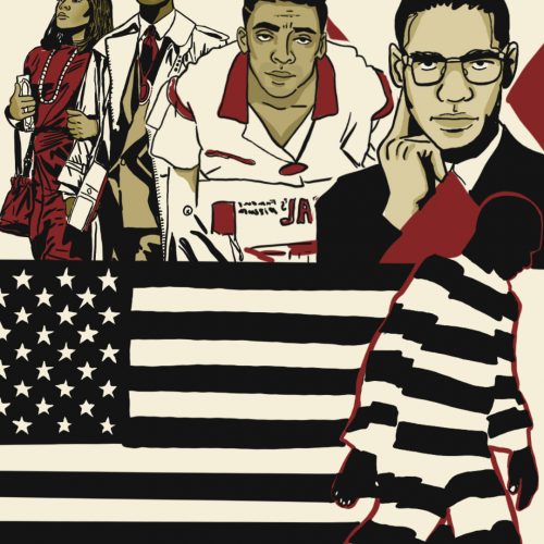 Illustration by Baz Pugmire of iconic characters from films that center Black people