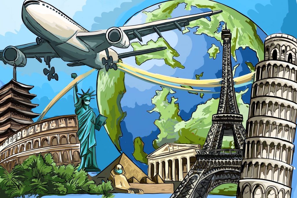 in an article about travel, an airplane flying over a group of famous landmarks