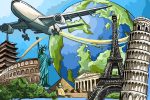 in an article about travel, an airplane flying over a group of famous landmarks