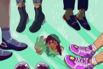 Illustration by Baz Pugmire of a woman looking through a glass ceiling, experiencing the wage gap