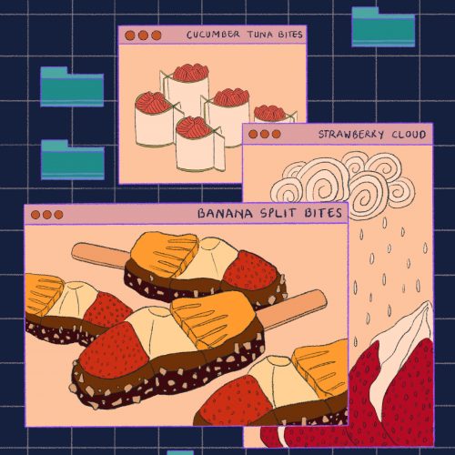 Illustration by June Le of finger foods in browser windows