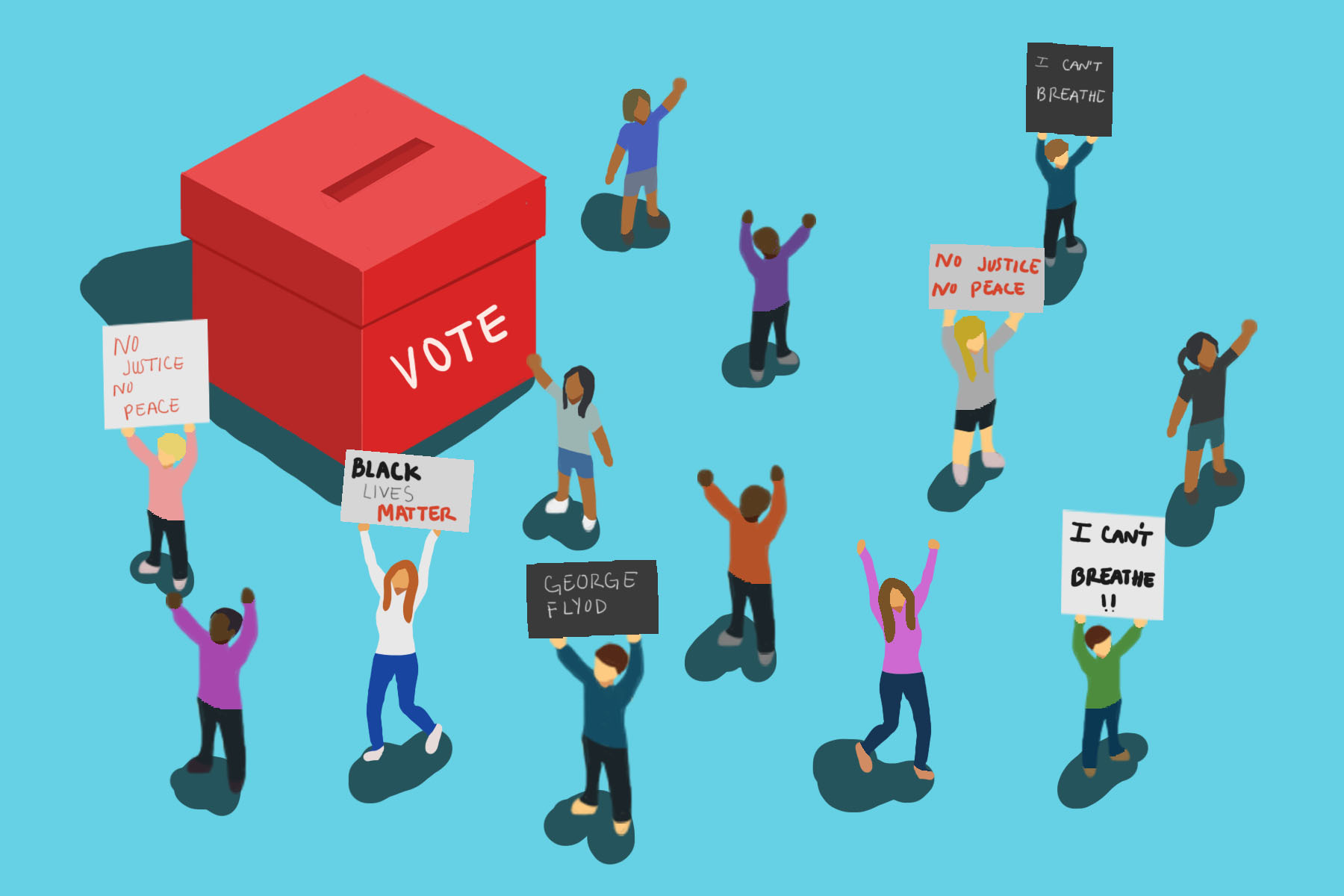Illustration by Diana Egan of young people protesting and casting the vote