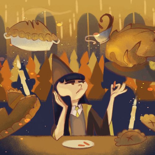 Illustration by Veronica Chen of a vegan wizard at Hogwarts