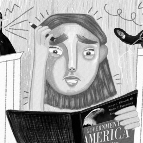 In an article about political language and the confusion it can cause, an illustration by Sid Estelle of a student looking confused at a history textbook as Joe Biden and Donald Trump debate behind them