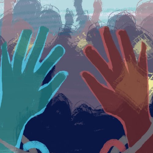 Illustration by Elizabeth Wong of hands chained by the Olympics logo