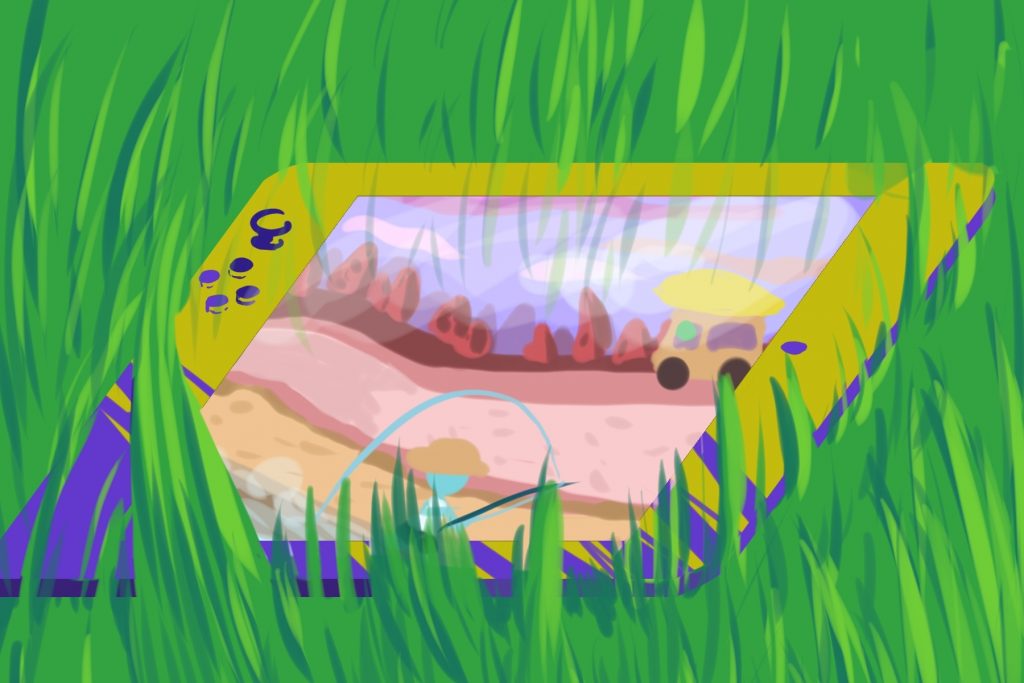 An illustration of a videogame displaying a virtual world like Animal Crossing