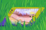 An illustration of a videogame displaying a virtual world like Animal Crossing