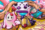 Fall Guys avatars stumble over each other as they're controlled by an Xbox controller.