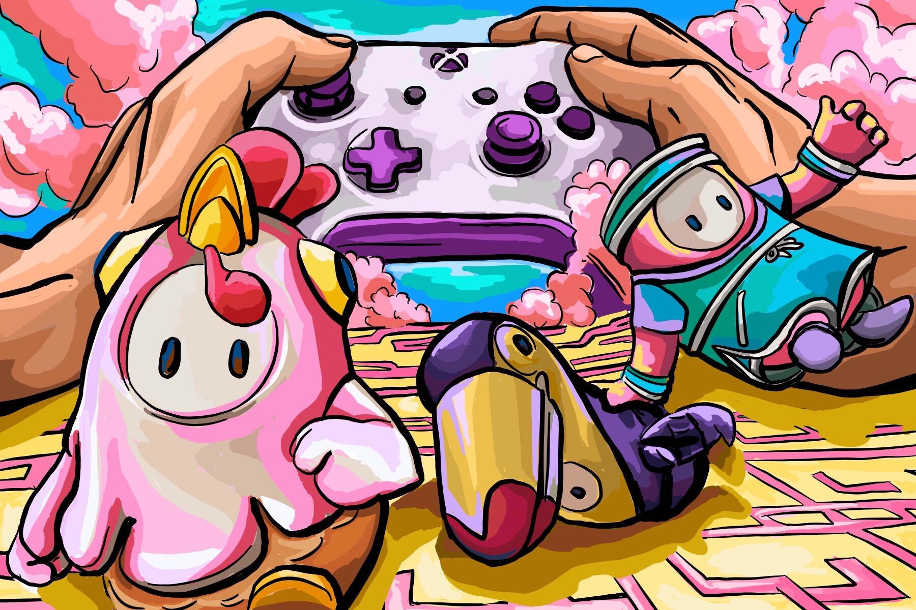 Fall Guys avatars stumble over each other as they're controlled by an Xbox controller.