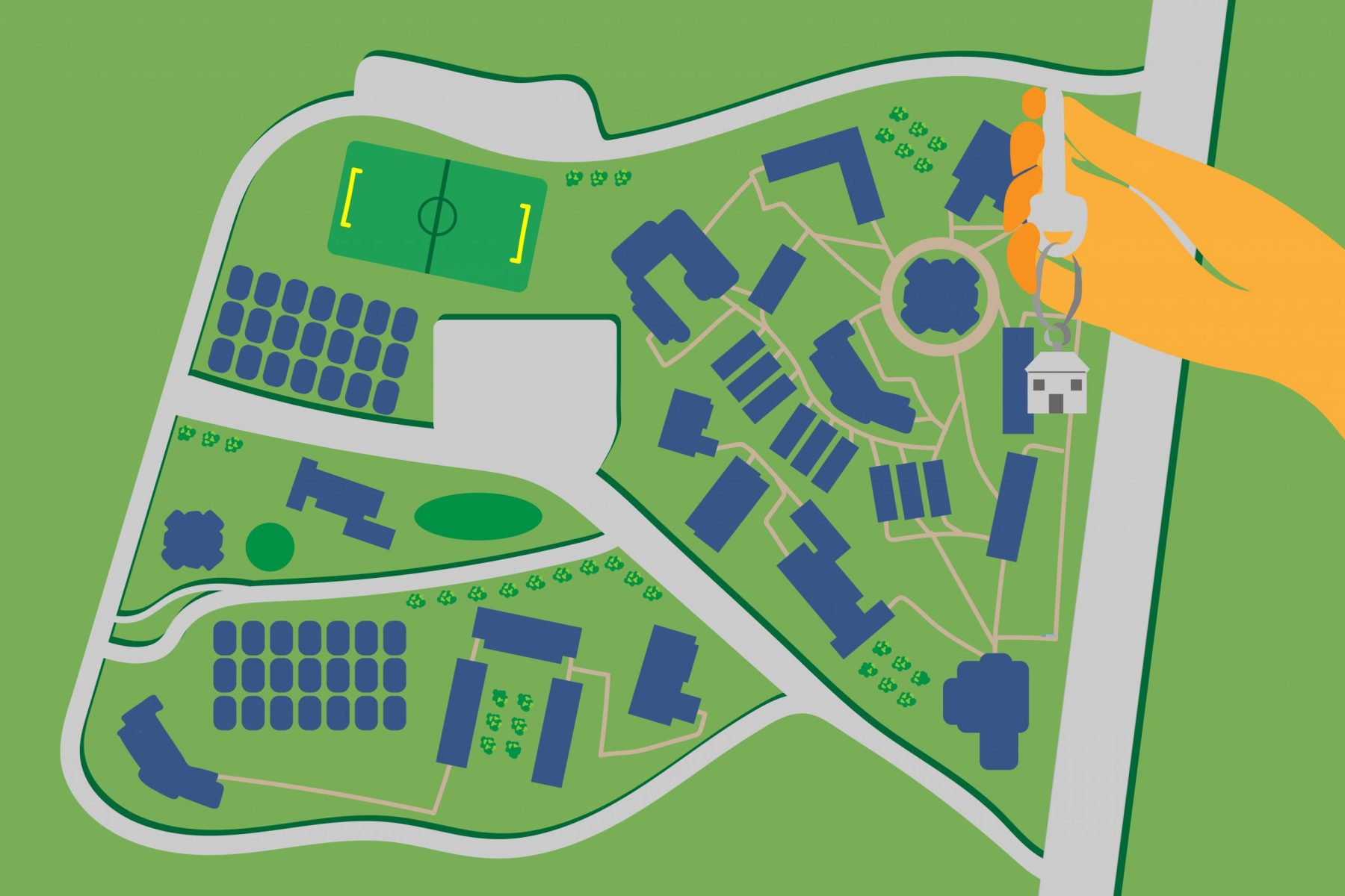 An illustration of a college campus and its relation to students renting apartments