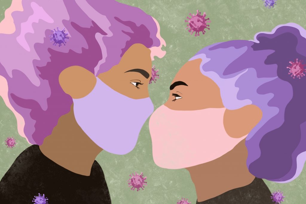 An illustration of a couple wearing masks symbolizing the hookup culture present at colleges