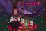Illustration of two people at a campsite, one sitting on a blanket playing a mandolin, the other behind them in a hammock, in an article about friends flaking on plans.