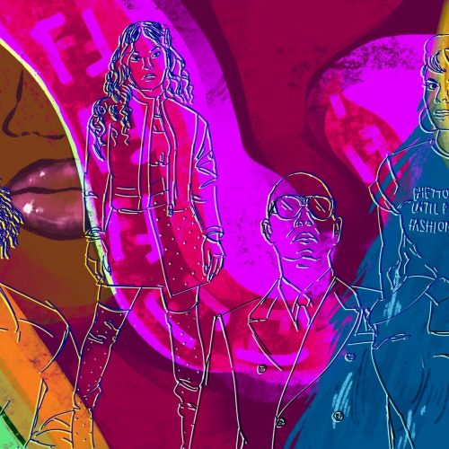 Artistic colorful depiction of popular '90s hip hop fashion.