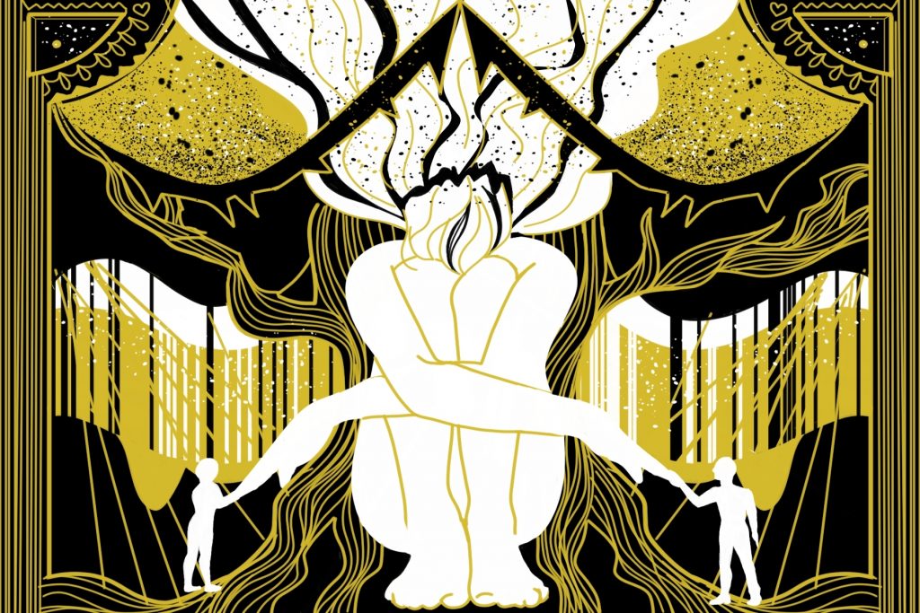 In an article about love triangles, an illustration of a woman attached to two men