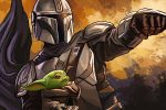 The Mandalorian holding the Child, aka Baby Yoda.