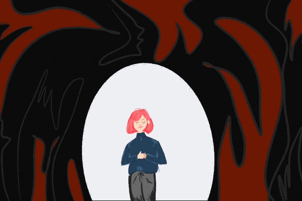 Illustration by Ash Ramirez of a person in an empowerment self-defense class