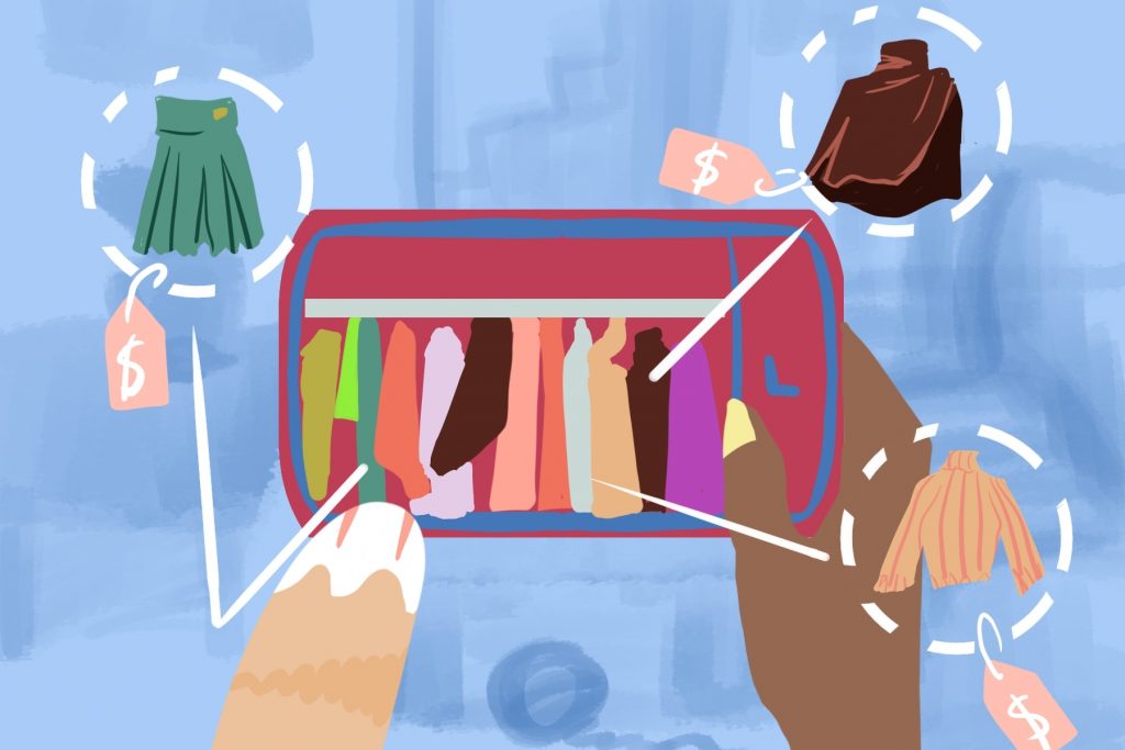 An illustration of someone using Depop, an app for buying and selling clothes
