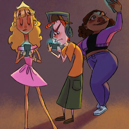 Illustration by Veronica Chen of three young adults looking at their phones