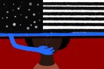 An illustration of the thin blue line flag covering someone's mouth
