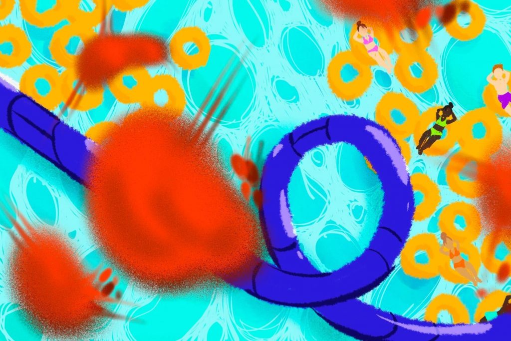 illustration by Daisy Daniels of a water slide in Class Action Park