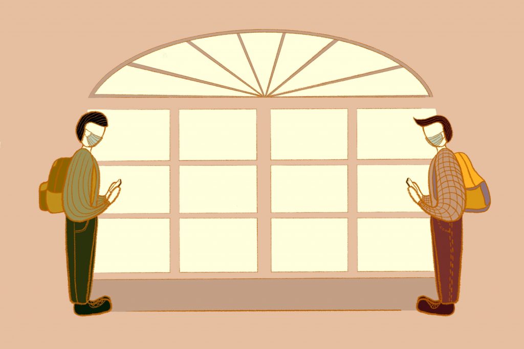 An illustration of two people being socially distant yet still social