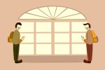 An illustration of two people being socially distant yet still social