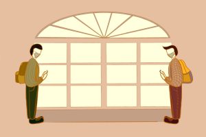 An illustration of two people being socially distant yet still social