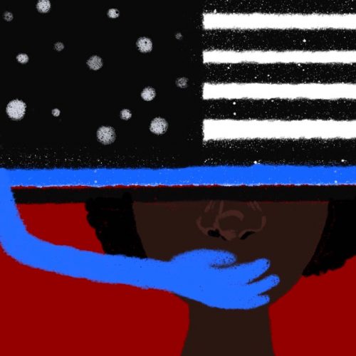 illustration by Ash Ramirez of a thin blue line flag muting the mouth of a Black person