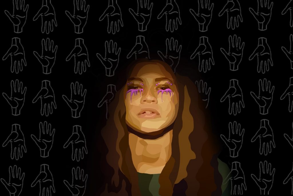 Zendaya from Euphoria in purple makeup against a black background