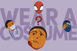 An illustration of someone thinking of wearing a costume with a mask for Halloween.