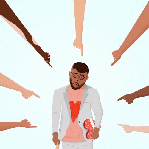 Illustration by Adam Lee of fingers pointing at person with a box of chocolates