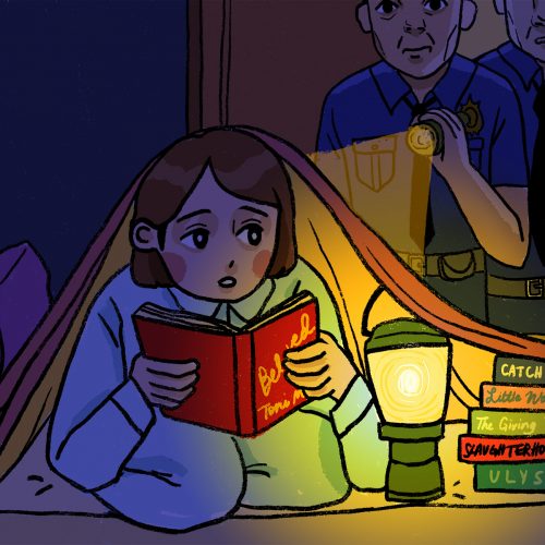 Illustration by Marlowe Pody for an article on Banned Books Week