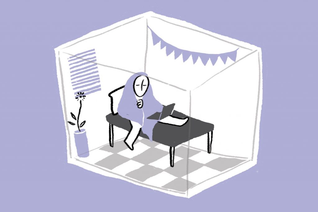 Illustration of a person in a room by Malini Basu