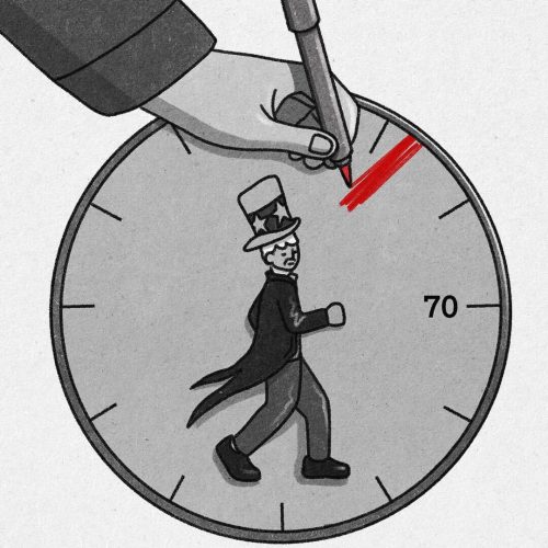 Illustration by Xingzhou Cheng of Uncle Sam on a clock
