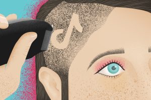 An illustration of someone shaving a TikTok symbol in their hair for an article on Miley Cyrus on TikTok.