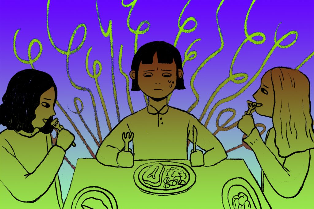 Illustration by Marlowe Pody for an article on eating anxiety