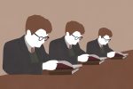 An illustration of white men reading for an article on the lack of diversity in dark academia.