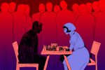An illustration of two people playing chess for an article on "The Queen's Gambit."
